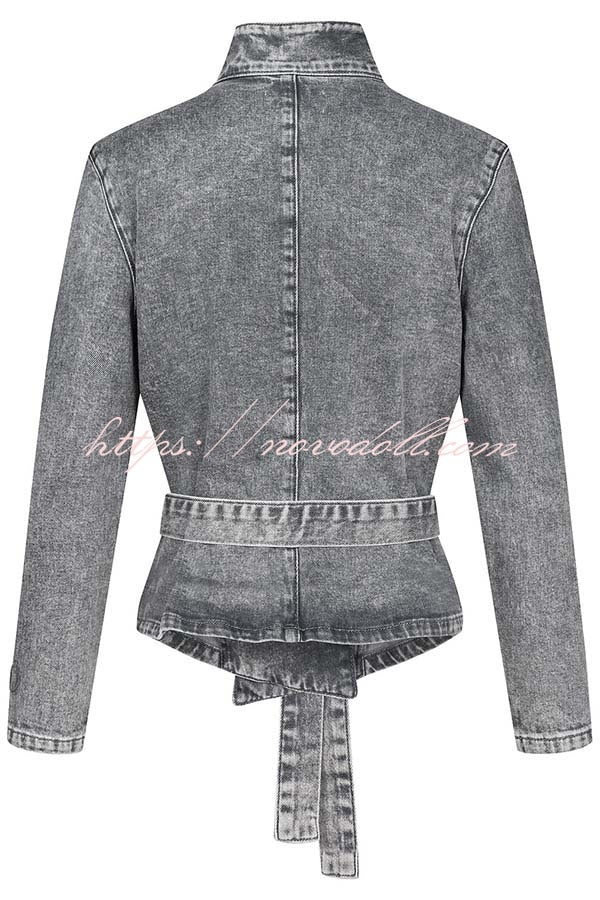 Casual Meetup Denim Stand Neck Long Sleeve Belted Loose Jacket
