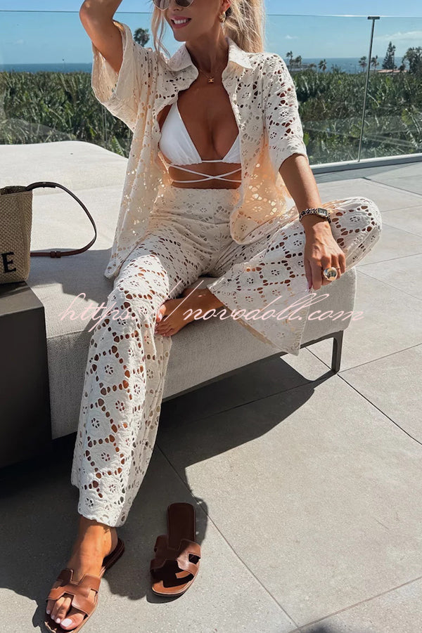 Holiday Crochet Flowers Lace Short Sleeve Shirt and Elastic Waist Wide Leg Pants Set