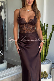 Elegant Evening Satin Lace Patchwork See-through Waist Slip Maxi Dress
