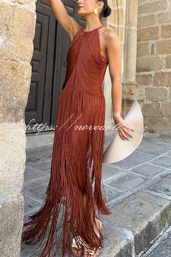Fashion Sleeveless Halter Neck Elegant Tassel Slim Maxi Dress