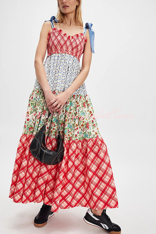 Floral Print Strappy Pleated Paneled Maxi Dress