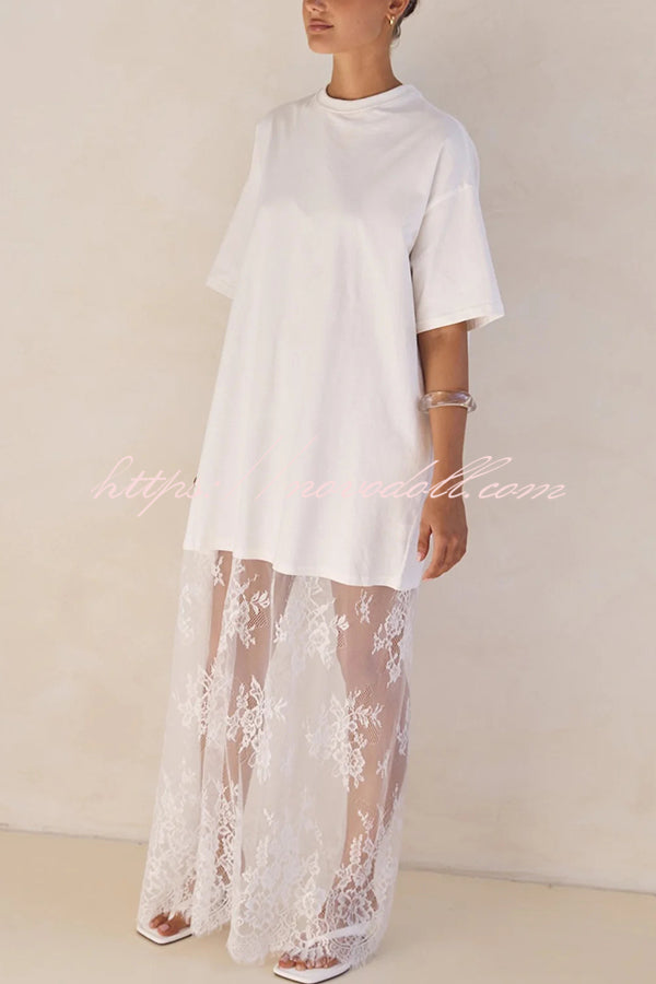 Ophelia Short Sleeve Sheer Floral Lace Hem Oversized T-shirt Maxi Dress