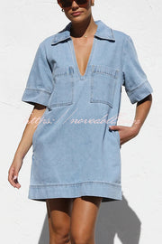 Amalie Light Denim Open Collar Pocketed Shift Style Mini Dress