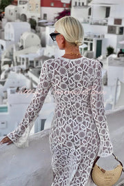 Santorini Sunset Floral Lace Long Sleeve Slit Vacation Maxi Dress