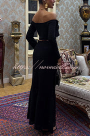 Fashion Knitted Off-the-shoulder Long-sleeved Top and Elastic Slit Maxi Skirt Set