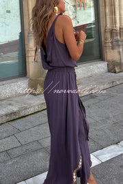 Tamia Gold Trim Elastic Waist Slit Wide Leg Slip Jumpsuit