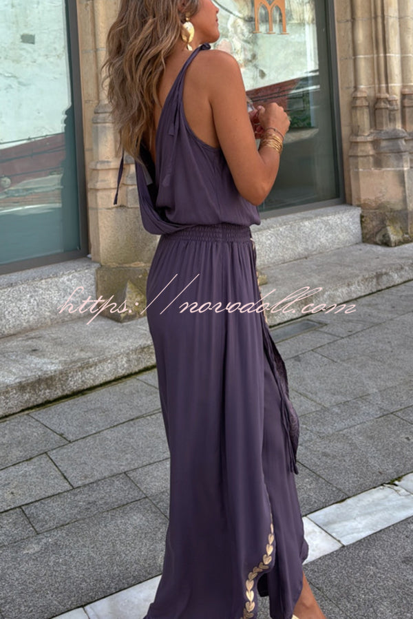 Tamia Gold Trim Elastic Waist Slit Wide Leg Slip Jumpsuit