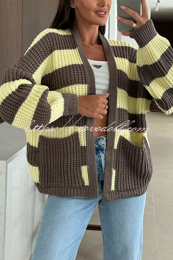 Fashionable Patchwork Striped Casual Pocket Knitted Sweater