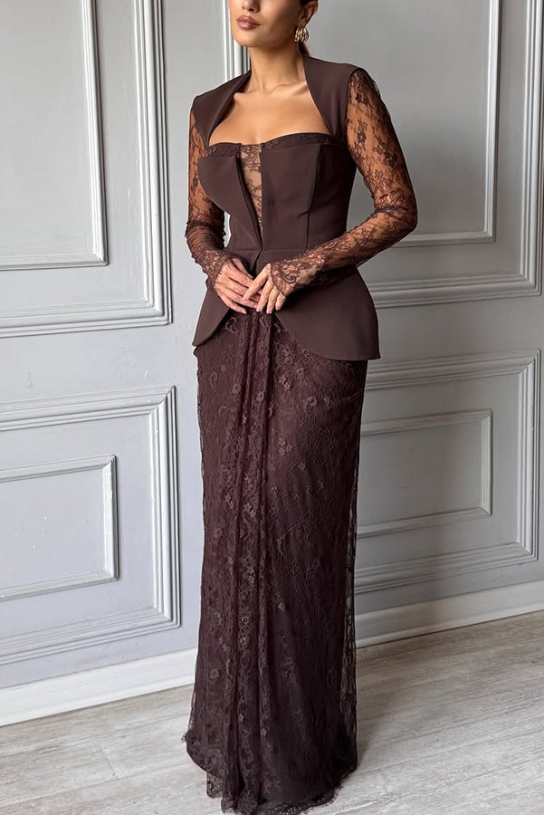 Belle Contrast Sheer Lace Fabric Patchwork Square Neck Long Sleeve Drape Maxi Dress