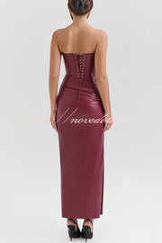 Charm Redefined Faux Leather Off Shoulder Back Lace-up Stretch Maxi Dress