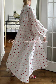 Cute Heart Print Puff Sleeve Loose Shirt Style Maxi Dress