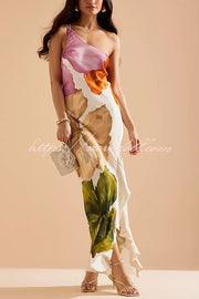 Love Filled Floral Print One Shoulder Side Ruffles Maxi Slip Dress