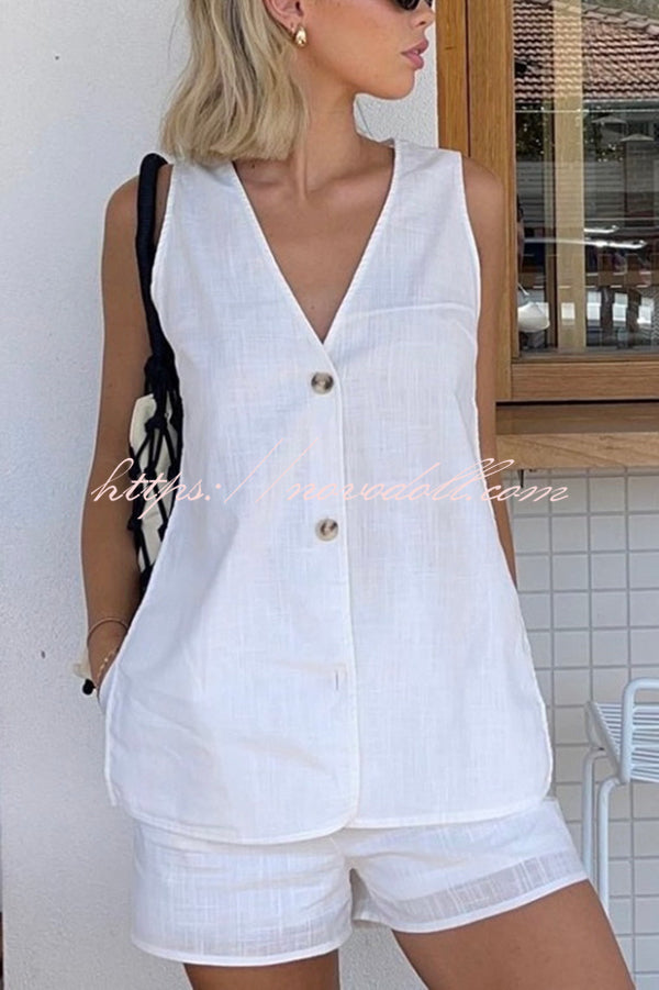 Edna Linen Blend Slit Button Down Loose Vest and Elastic Waist Pocket Shorts Set