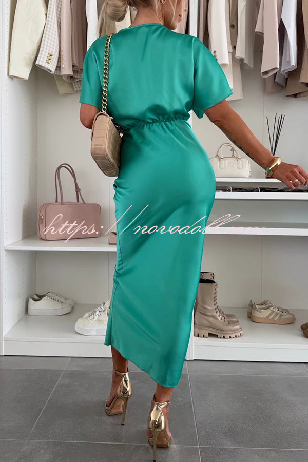 Satin Solid Color V-neck Cross Knot Slim Maxi Dress
