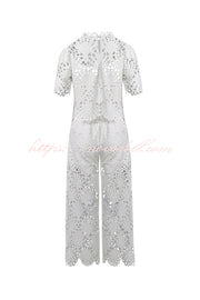 Eliose Scallop Cutout Embroidery Lace Elastic Waist Pocket Loose Pants