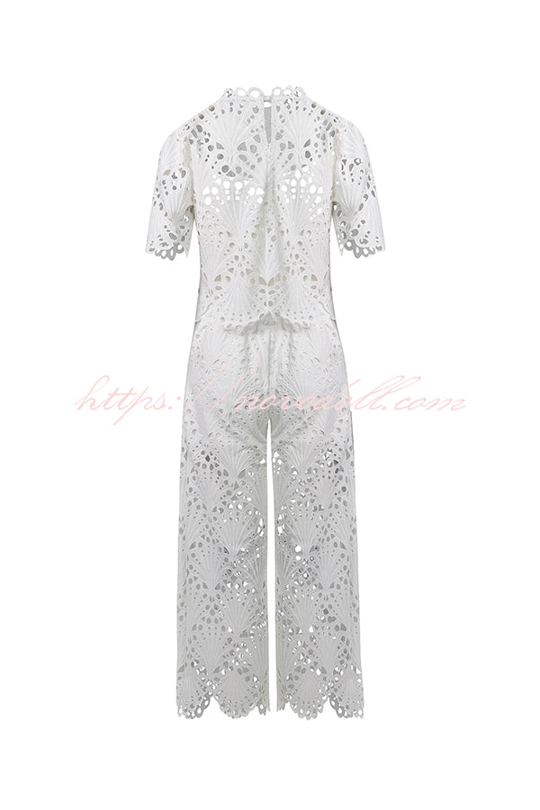 Eliose Scallop Cutout Embroidery Lace Elastic Waist Pocket Loose Pants