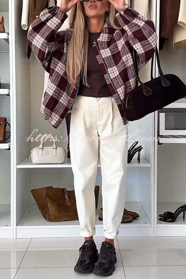 Fashion Plaid Print Lapel Long Sleeve Loose Zipper Jacket