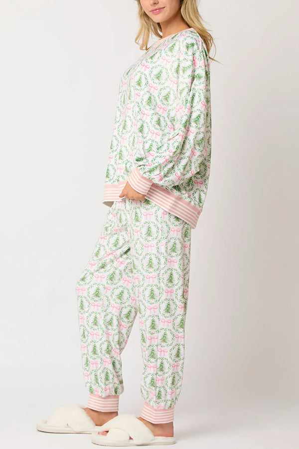 Christmas Print Loose Long-sleeved Top and Elastic Waist Casual Pants Set