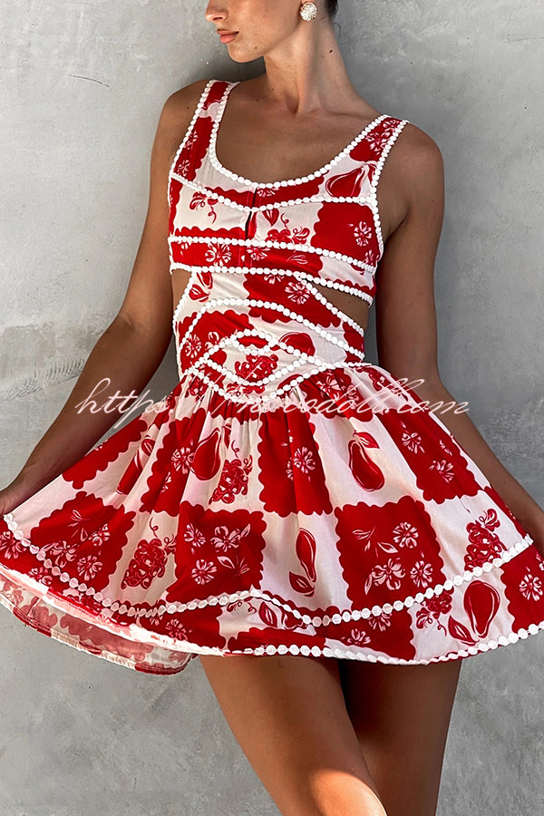 Holiday Colors Ric Rac Trims Unique Print Cutout Round Neck Mini Dress