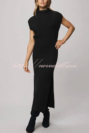 Solid Color Sleeveless Knitted Elegant Waist Midi Dress