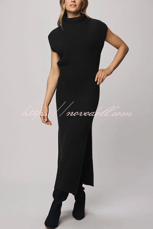 Solid Color Sleeveless Knitted Elegant Waist Midi Dress