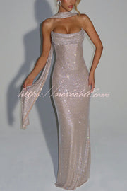 Mirabella Sequin Pleated Cowl Scooped Neckline Back Lace-up Strapless Maxi Dress