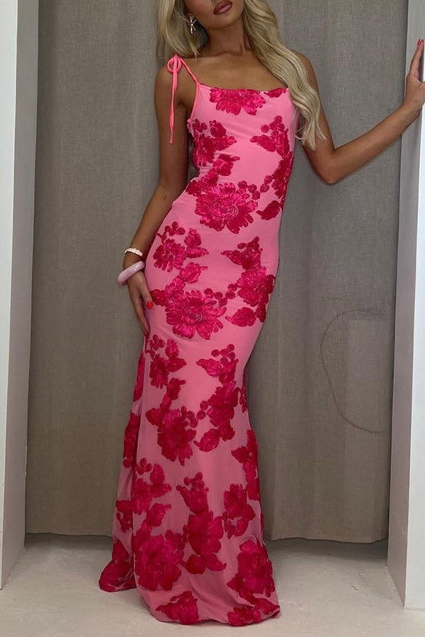 Floral Embroidered Sexy Suspender Strap Slim Fit Maxi Dress
