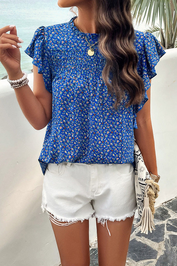 Floral Print Pleated Crew Neck Pullover Top