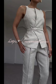 Tylah Linen Blend Square Neck Belted Vest and High Rise Pocket Loose Tapered Trousers Set