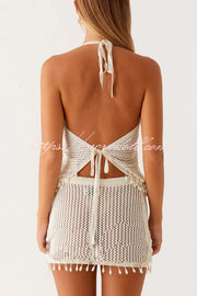 Fashion Knit Hollow Back Top and Embellished Fitted Stretch Beach Mini Skirt Set