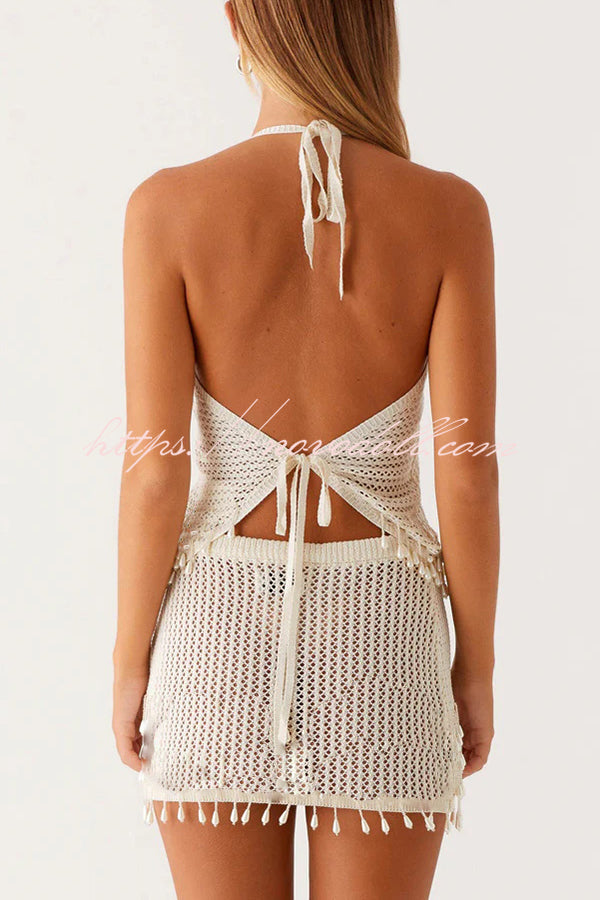 Fashion Knit Hollow Back Top and Embellished Fitted Stretch Beach Mini Skirt Set
