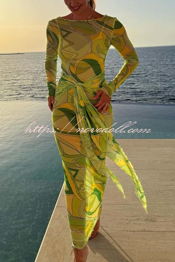 Nessie Mesh Unique Print Tie-up Waist Long Sleeve Stretch See-Through Maxi Dress