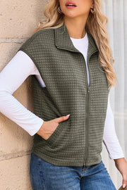 Solid Waffle Sleeveless Zipper Pocket Casual Vest