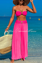 Solid Color Metal Button Decorated Stretch Two-piece Bikini Swimsuit