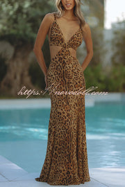 Elegant Wildness Leopard Print Elasticated Cutouts Slip Maxi Dress