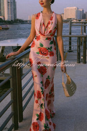 Rose Print Sexy Halter Neck Strappy Backless Slim Fit Maxi Dress