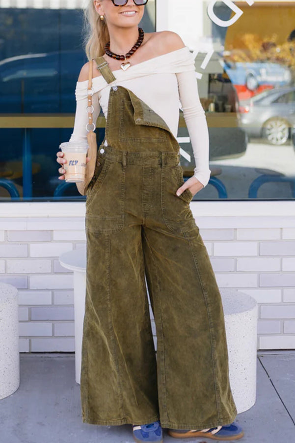 Falling Leaves Corduroy Metal Buckle Pocket Wide Leg Jumpsuit Overalls