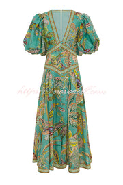 Chic Vacation Linen Blend Unique Print Button Puff Sleeve Pocket Maxi Dress