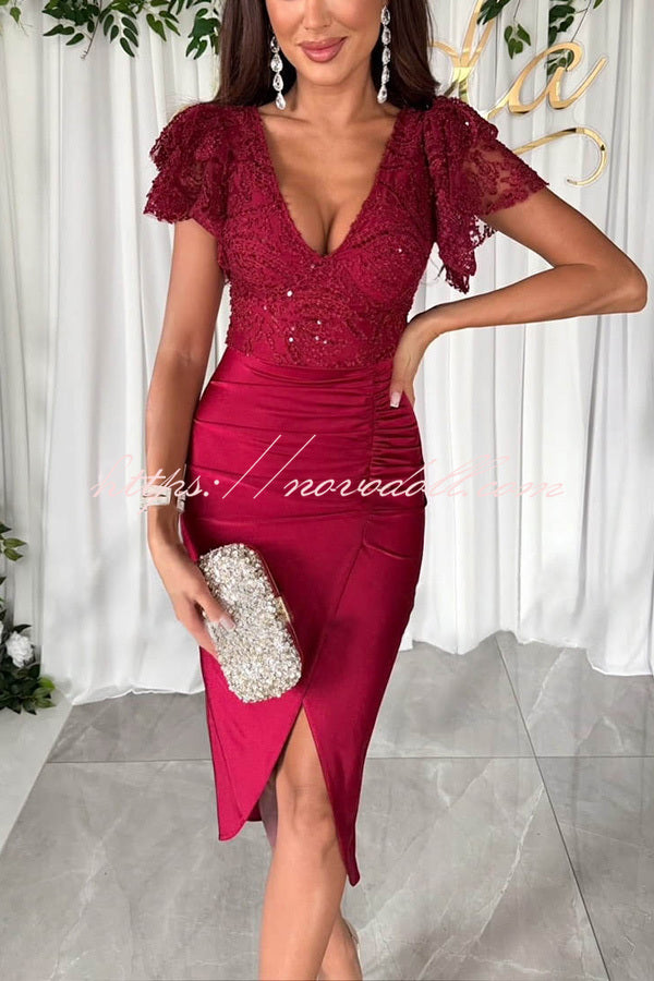 Dreamy Luxury Lace and Satin Patchwork Ruffle Sleeve Ruched Midi Dress