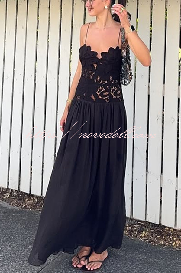 Stephanie Flower Crochet Lace Bust Chiffon Fluffy Hem Maxi Dress