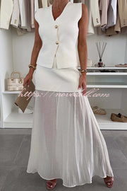 Stylish and Elegant Knit Spliced Tulle Elastic Waist Pleated Maxi Skirt