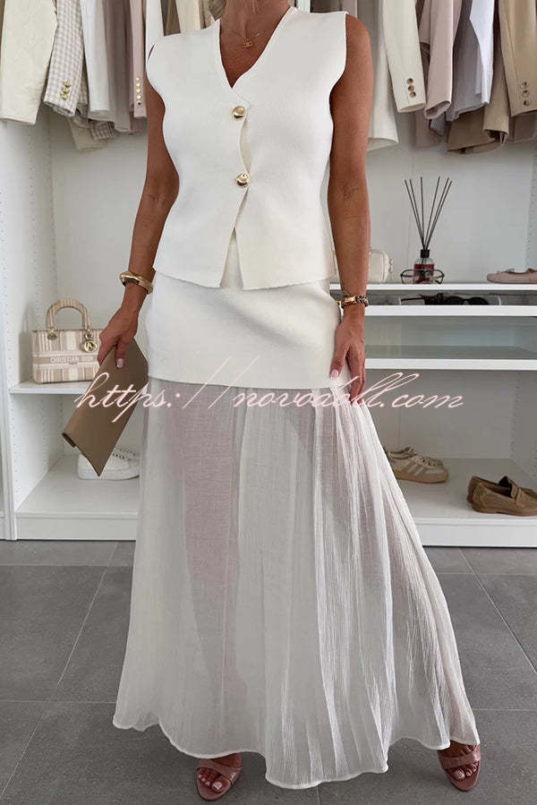 Stylish and Elegant Knit Spliced Tulle Elastic Waist Pleated Maxi Skirt
