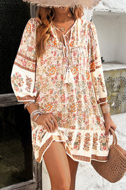 Bohemian Style Unique Printed Casual V-neck Tie Loose Mini Dress