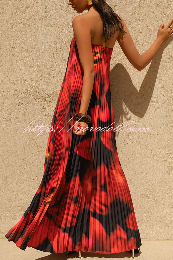 For Every Occasion Satin Pleated Floral Print V-wire Bandeau Neck Maxi Dress