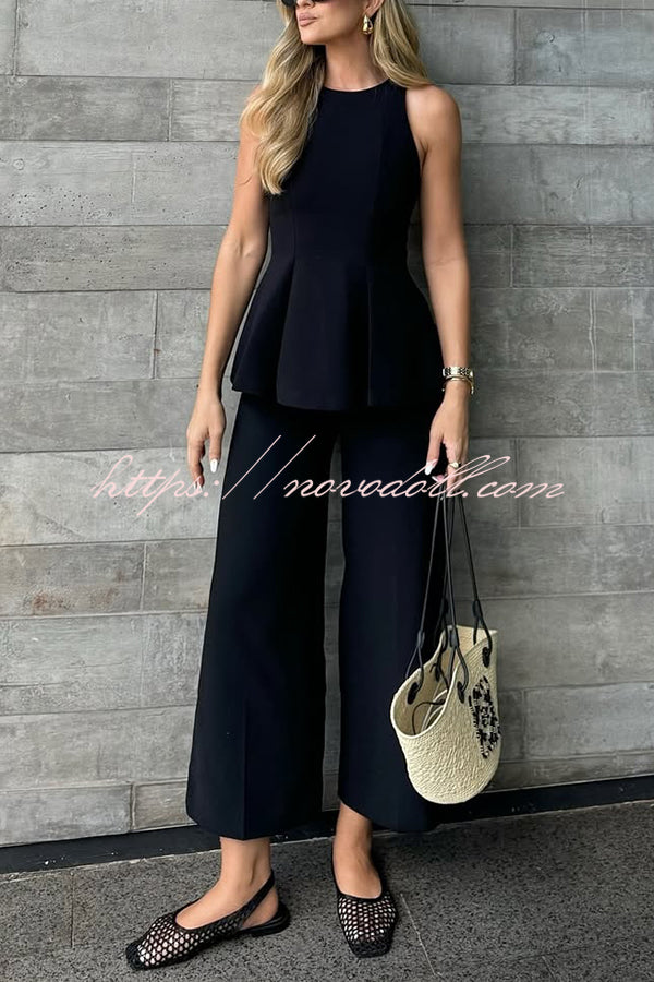 Solid Color Round Neck Sleeveless Casual Top and Loose Straight Pants Set