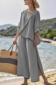 Stylish Color Trim Asymmetrical Casual Top and Elastic Waist and Wide-leg Pant Set