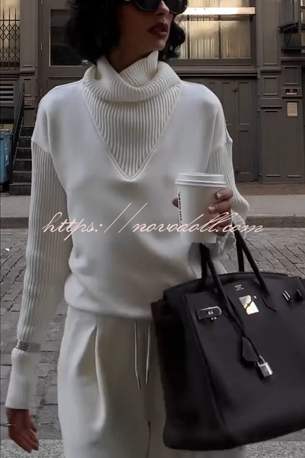 Morning Coffee Walks Ribbed Turtleneck Long Sleeve Sweatshirt and Elastic Waist Pocketed Loose Pants Set