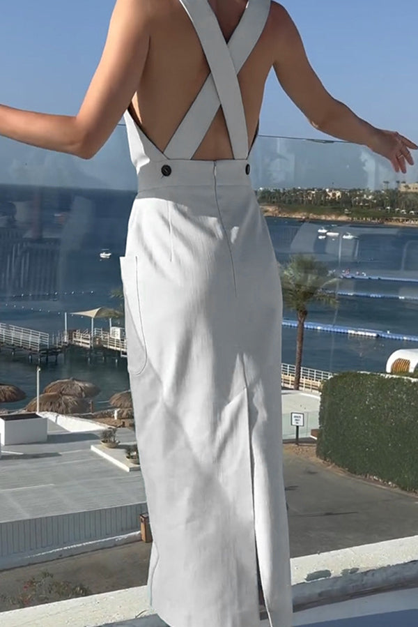 Solid Color Square Neck Open Back Pocket Casual Maxi Dress