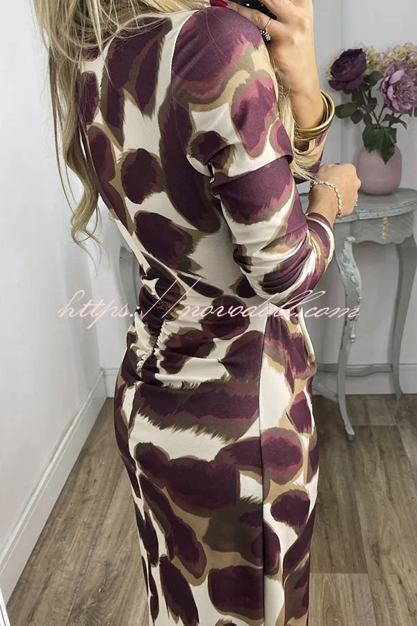 Kiele Unique Print Turtleneck Twist Detail Long Sleeve Stretch Midi Dress