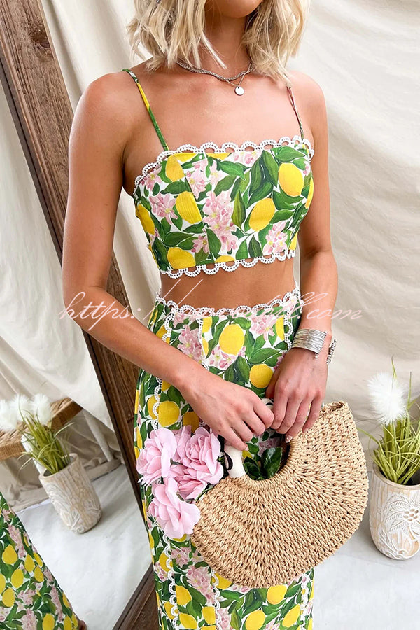 Linen Blend Summer Fruit Print Camisole Top and Elegant Lace Back Slit Maxi Skirt Set